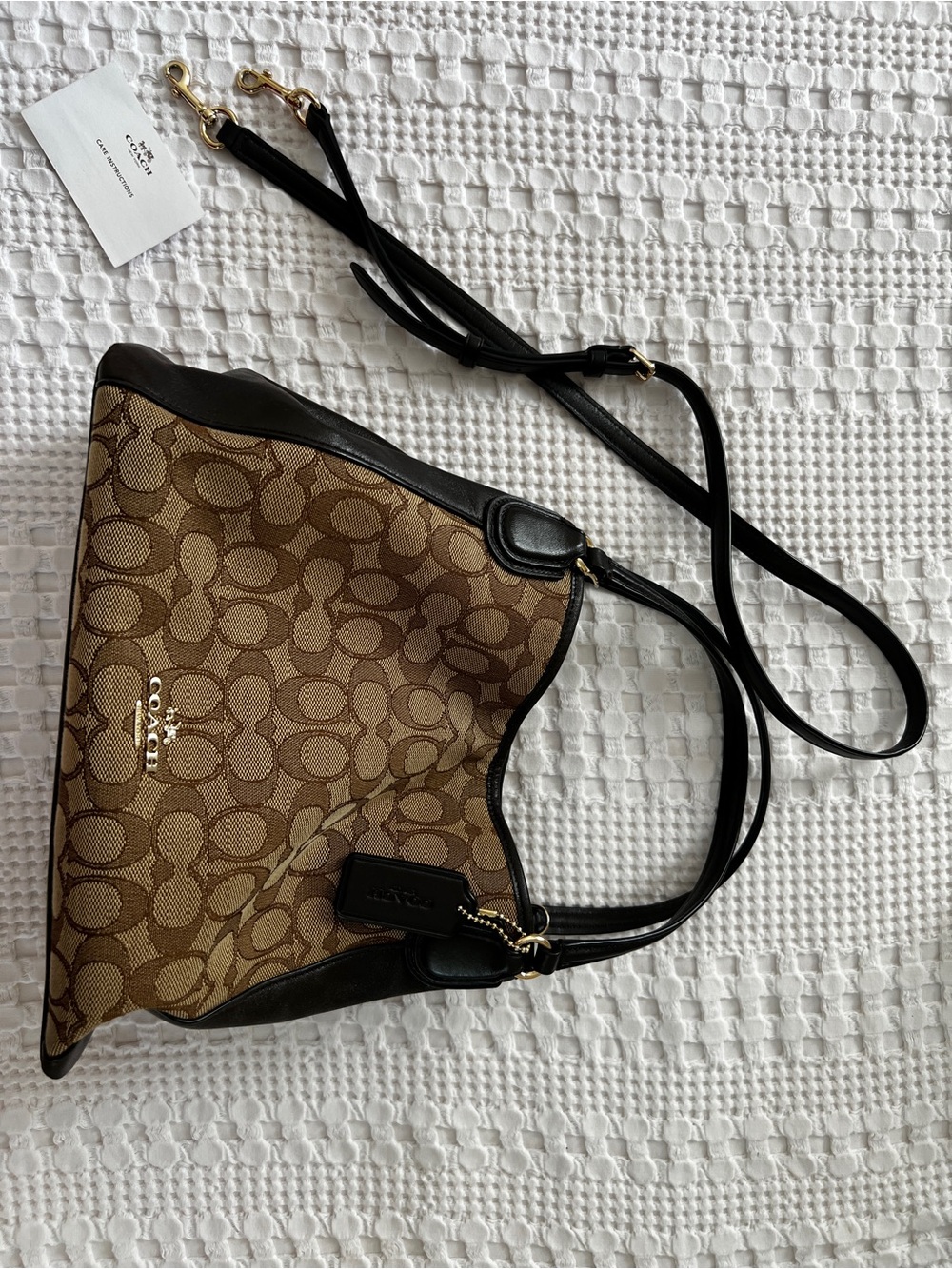Coach Brown Signature Canvas Shoulder Bag with Black Trim